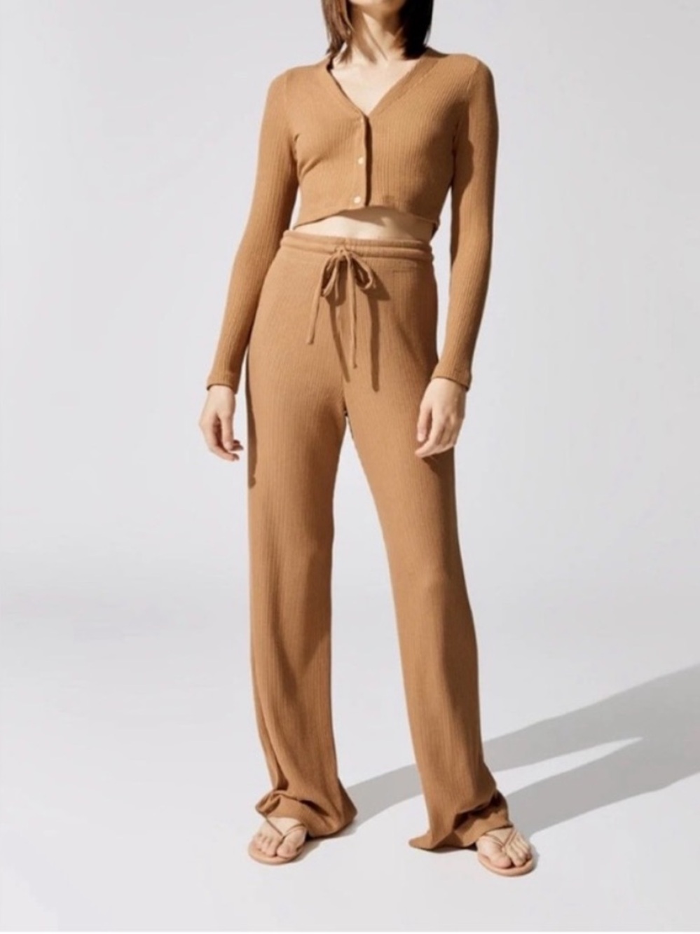 LESET Ribbed Knit Lounge Set Camel Brown Cardigan & Wide Leg Pants Size M